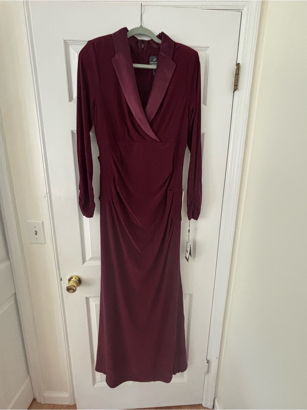 Adrianna Papell Wine Satin-Trim Long Sleeve Evening Gown